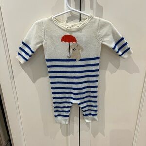 Jacadi Cream and Blue Striped romper with Red Umbrella 0-3m